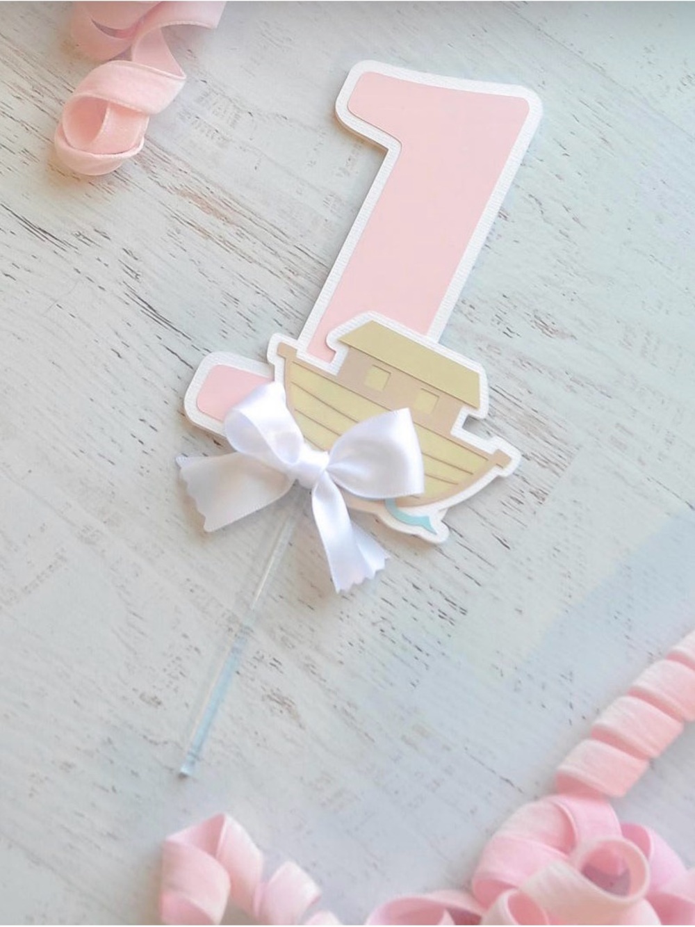 Pink Number 1 First Birthday Cake Topper with White Bow - Home Party Supplies